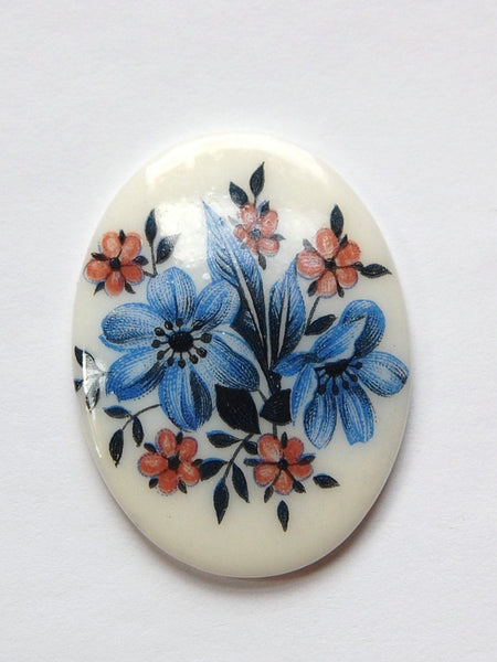 Vintage German Mauve and Blue Glass Flowers Cabochon 40x30mm (1) cab747J