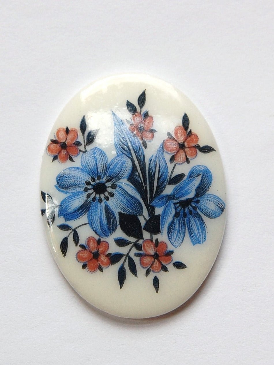 Vintage German Mauve and Blue Glass Flowers Cabochon 40x30mm (1) cab747J
