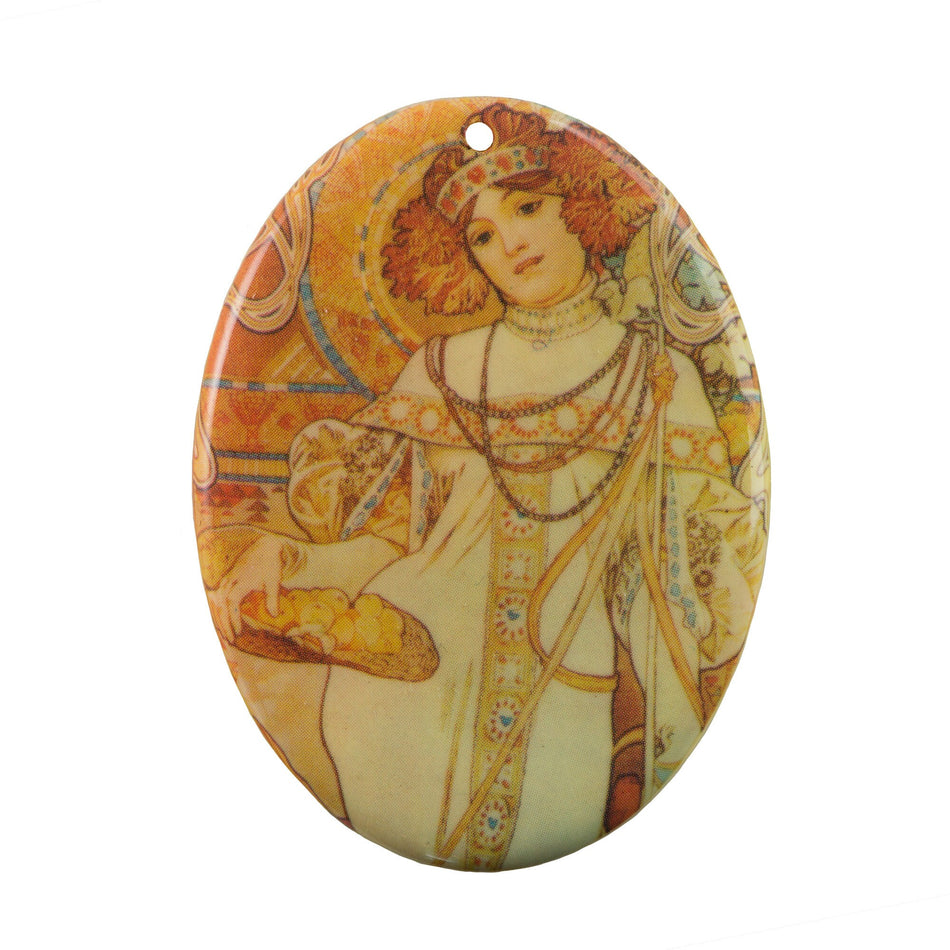 Autumn by Alphonse Mucha Acrylic Oval Marbled Pendant 59x44mm (1)