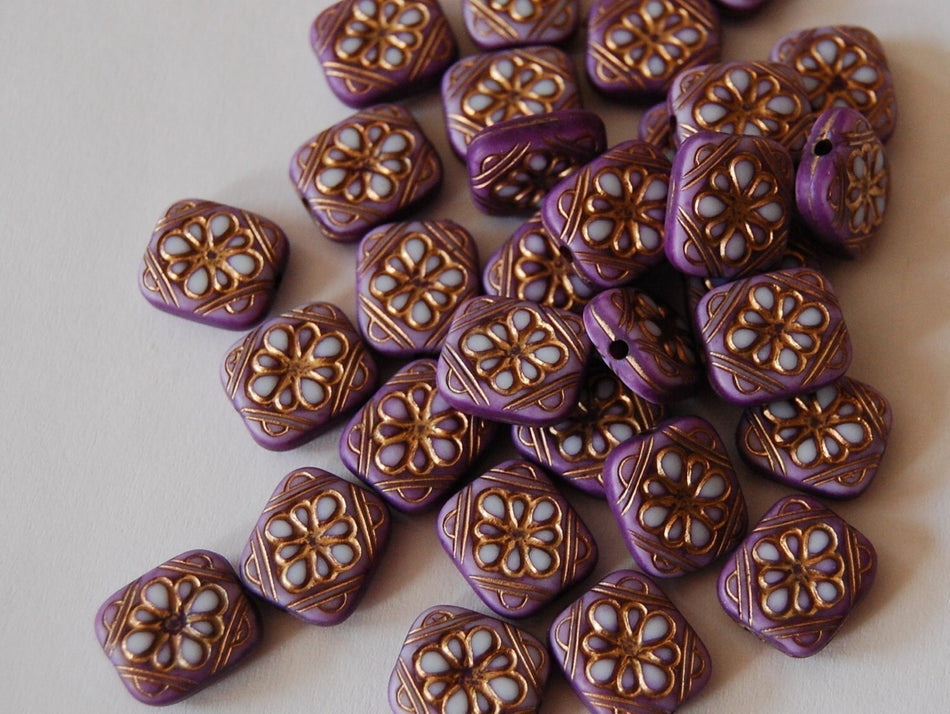 Sweet Purple with Gold Etched Floral Tablet Beads bds380D
