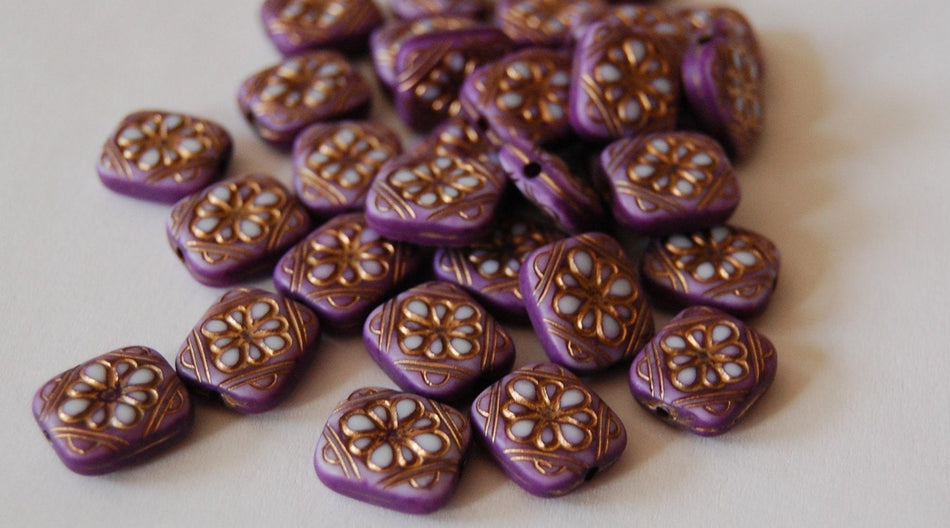 Sweet Purple with Gold Etched Floral Tablet Beads bds380D