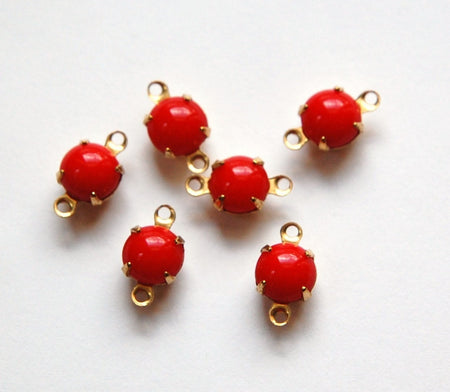 Vintage Red Glass Stone in 2 Loop Brass Setting Drops rnd001A2