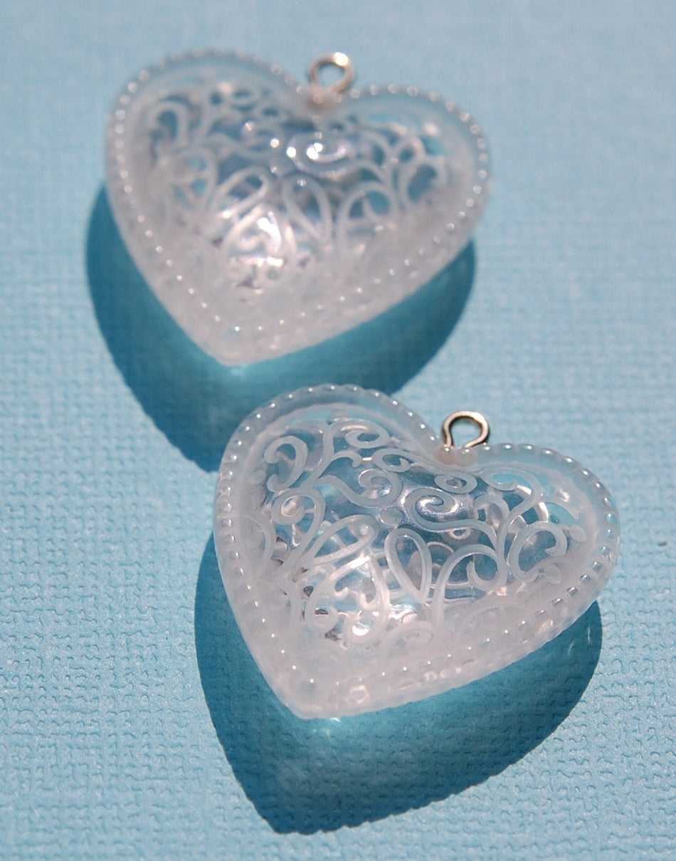 Etched and Beaded Lucite Heart Pendant Charms chr093A