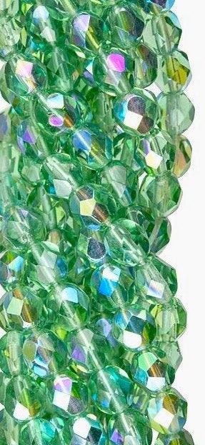 Czech Faceted Light Praire Green AB Firepolish Glass Beads 6mm (25)