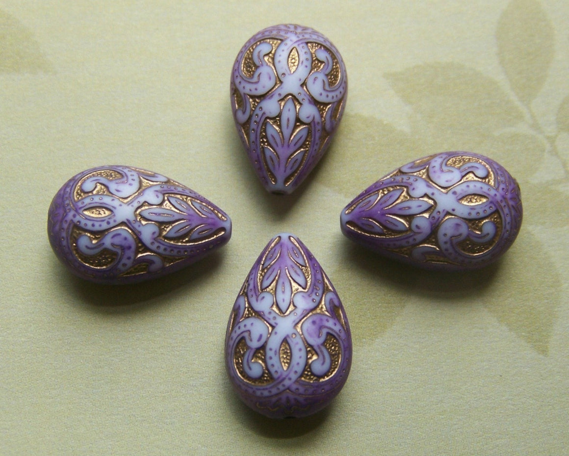 Vintage Style Purple and Gold Etched Tear Drop Beads 19mm (6) bds120Q