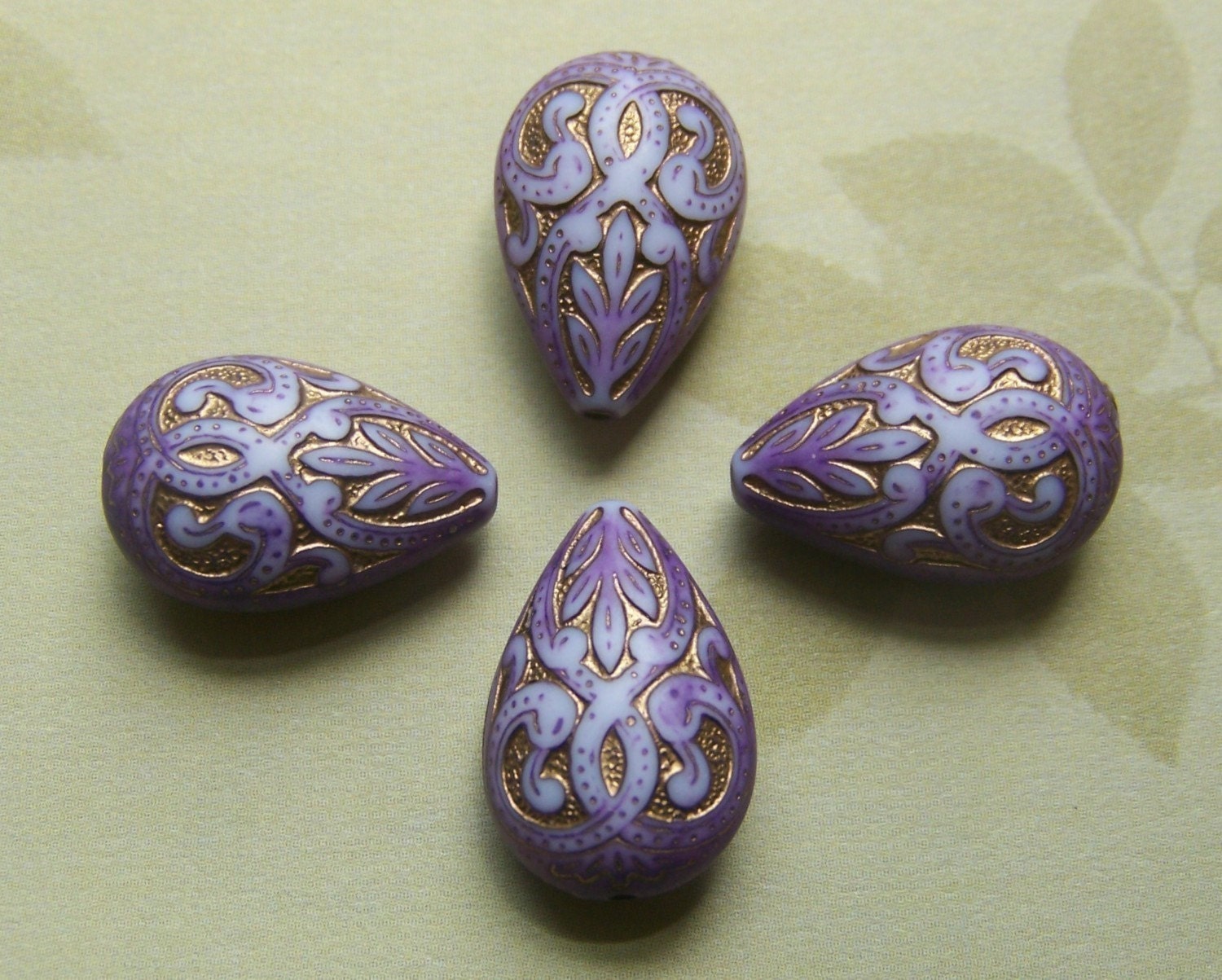 Vintage Style Purple and Gold Etched Tear Drop Beads 19mm (6) bds120Q