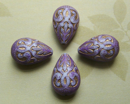 Vintage Style Purple and Gold Etched Tear Drop Beads 19mm (6) bds120Q