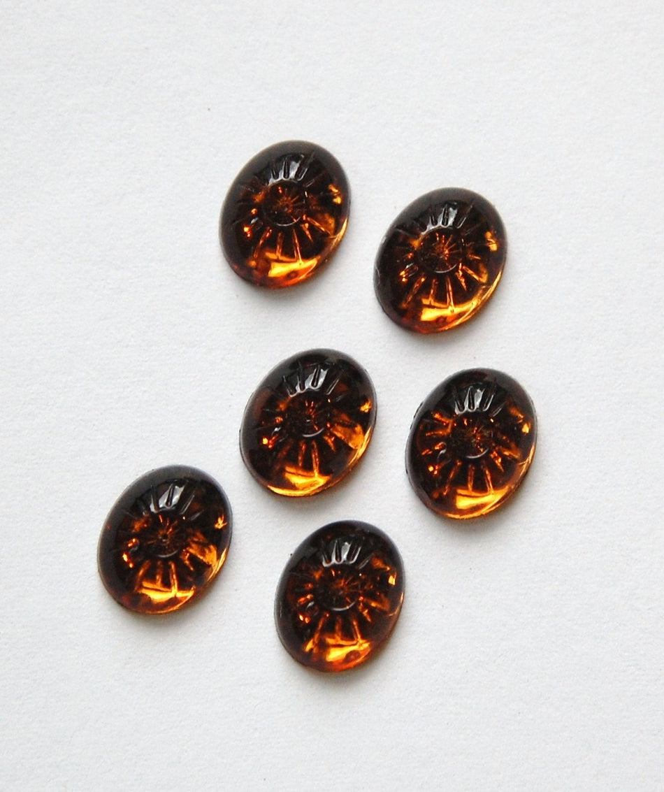 Vintage Smokey Topaz Glass Cabochons Etched Top Setting 10x8mm cab576N