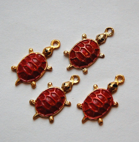 Vintage Gold Tone Turtle Charms Red Shell 23x15mm (4) chr176A