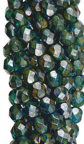 6mm Czech Faceted Capri Blue Impasto Firepolish Glass Beads (25)