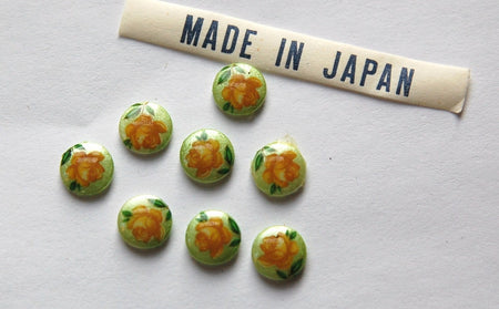 Vintage Golden Yellow Rose on Green Flower Cabochons Japan 7mm (8) cab419L