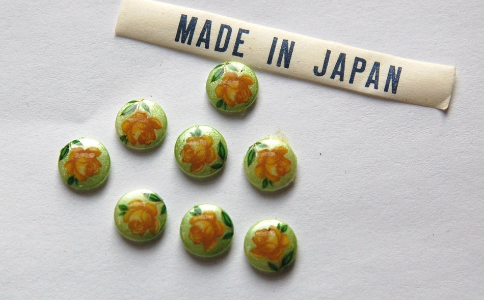 Vintage Golden Yellow Rose on Green Flower Cabochons Japan 7mm (8) cab419L