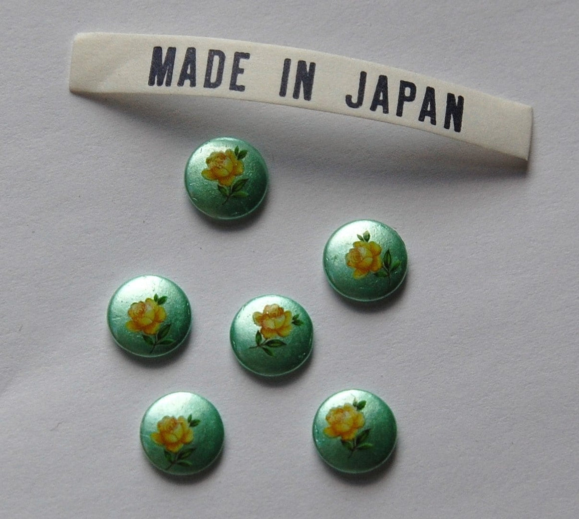 Vintage Yellow Rose on Green Flower Cabochons Japan 8mm (6) cab426B