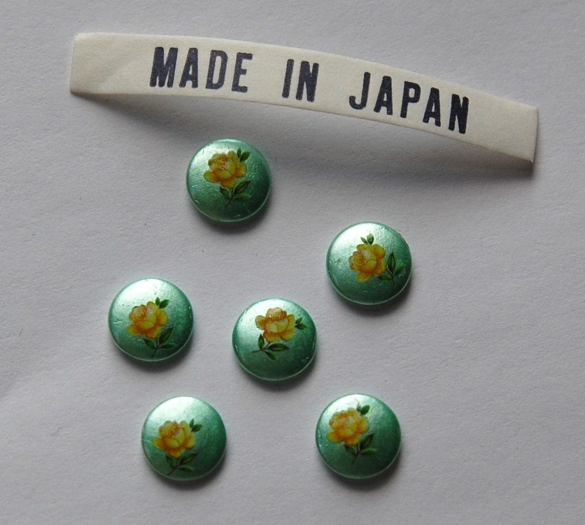 Vintage Yellow Rose on Green Flower Cabochons Japan 8mm (6) cab426B