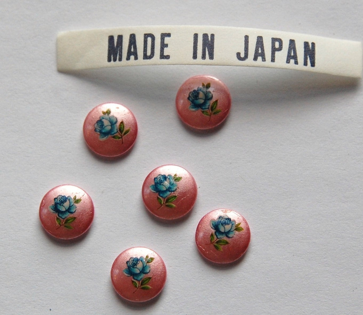 Vintage Blue Rose on Pink Flower Cabochons Japan 8mm (6) cab426A