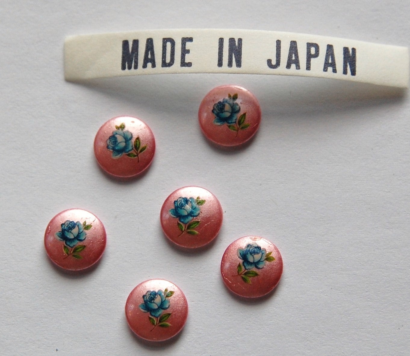 Vintage Blue Rose on Pink Flower Cabochons Japan 8mm (6) cab426A