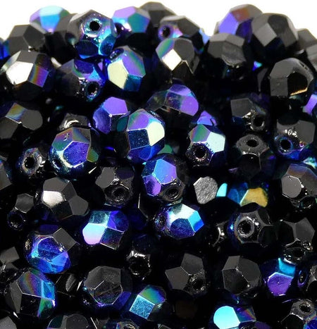 6mm Czech Faceted Jet Black AB Firepolish Glass Beads (25)