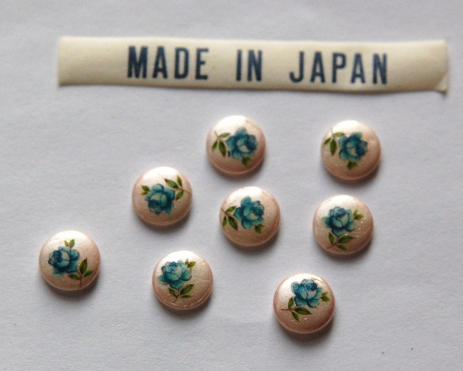 Vintage Blue Rose on Pink Flower Cabochons Japan 7mm cab419M