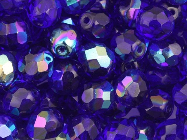 8mm Czech Cobalt AB Firepolish Faceted Glass Beads (25)