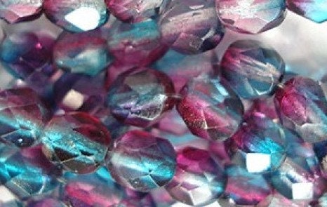 8mm Aqua Fuchsia Dual Coat Czech Firepolish Faceted Glass Beads (25)
