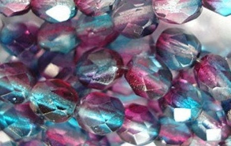 8mm Aqua Fuchsia Dual Coat Czech Firepolish Faceted Glass Beads (25)