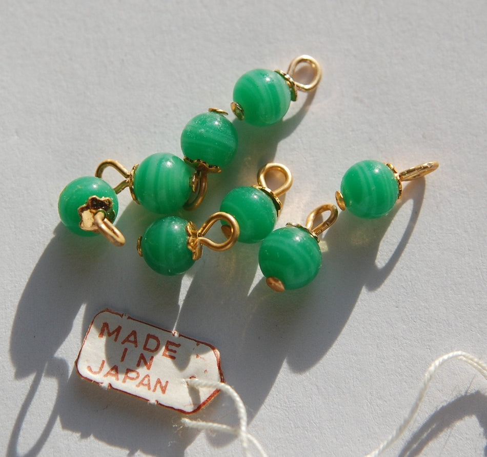 Vintage Jade Green Glass Bead Drops with 6mm Bead Cap Loop drp026