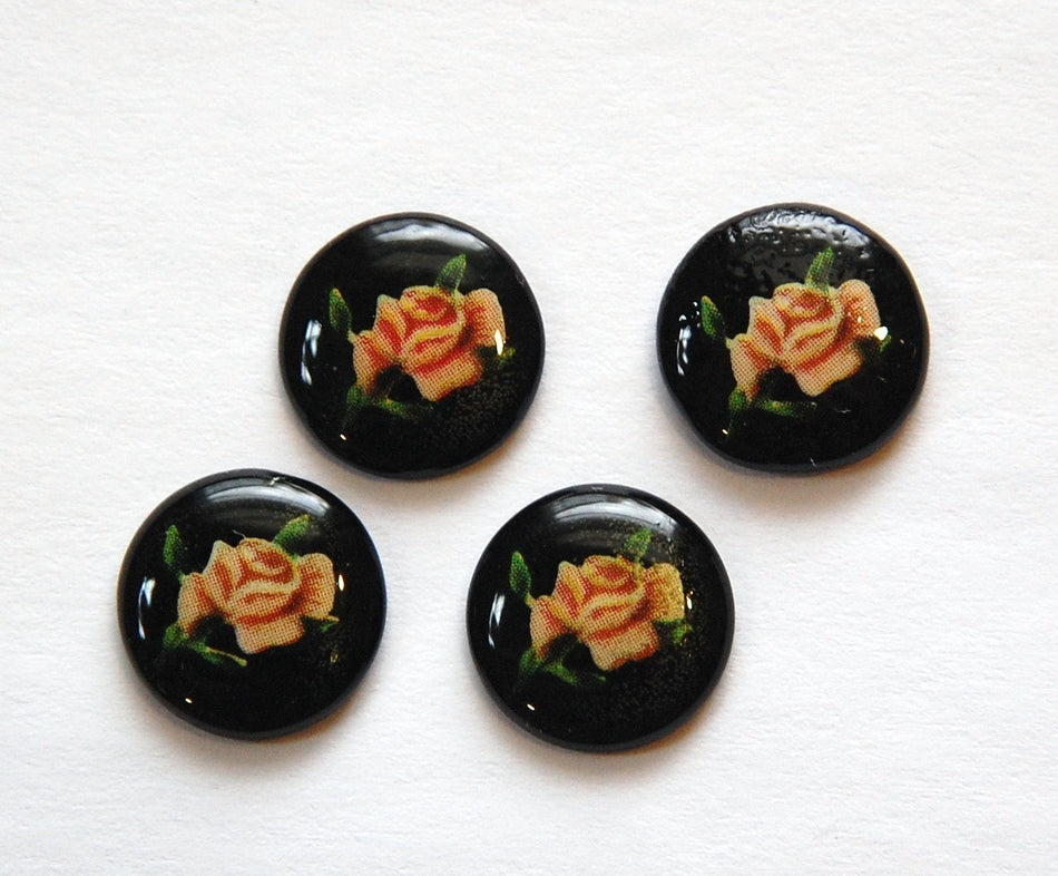 Vintage Pink Rose Black Glass Cabochon 13mm Japan (4) cab418F