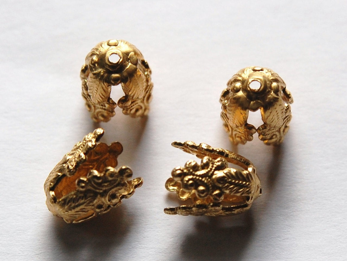 Ornate Raw Brass 4 Petal Leaf Design Bead Caps 14x19mm (4) mtl260A