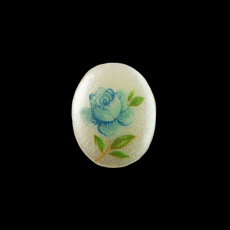 10x8mm Blue Rose on Pale Yellow Glass Oval Cabochons (6)