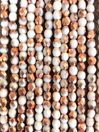 3mm Czech Faceted Opaque White with Copper Firepolish Glass Beads (50)