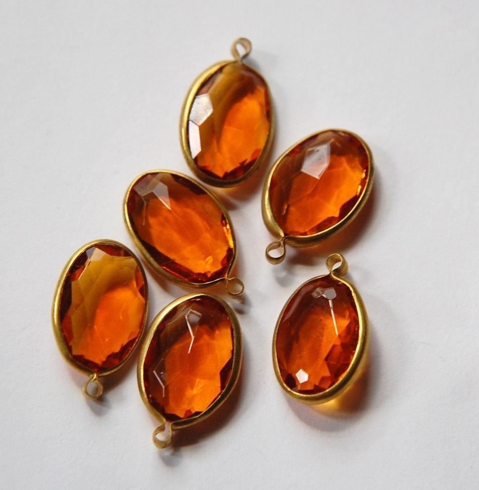 Vintage Brass Channel Set Faceted Oval Topaz Acrylic Drops Charms (6) chr161B