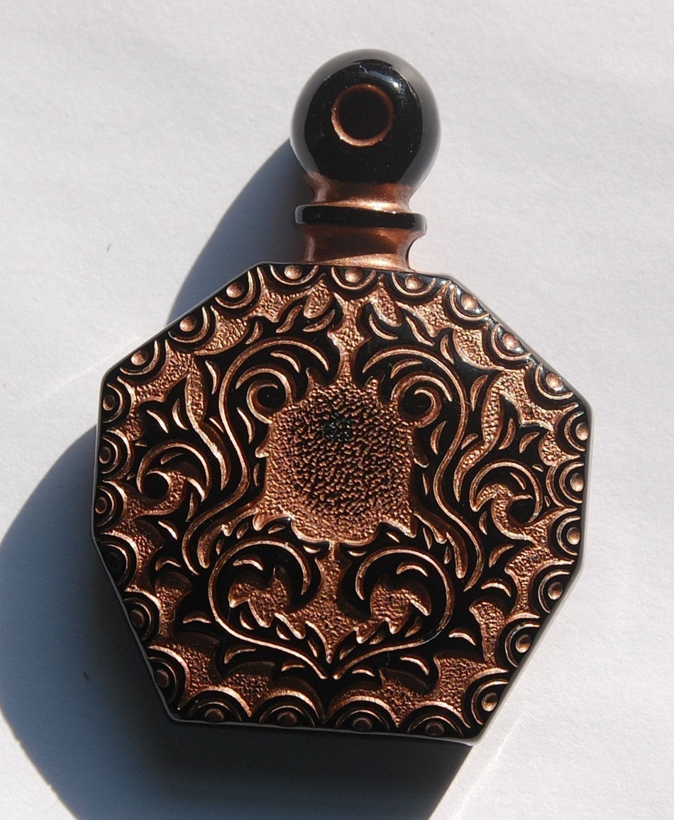 Black Etched Faux Perfume Lucite Bottle Pendant Copper Details Vintage pnd066A