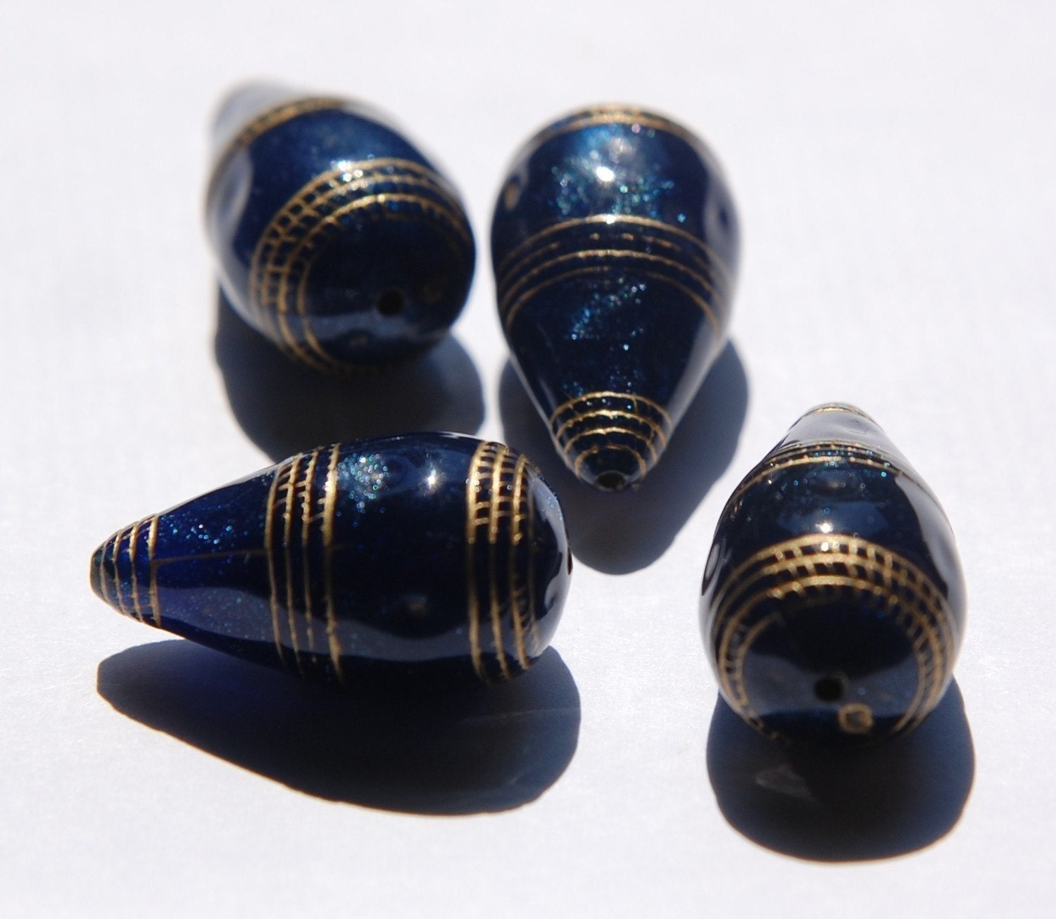 Vintage Style Blue with Gold Etching Teardrop Beads bds786B