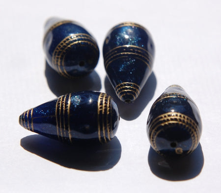 Vintage Style Blue with Gold Etching Teardrop Beads bds786B