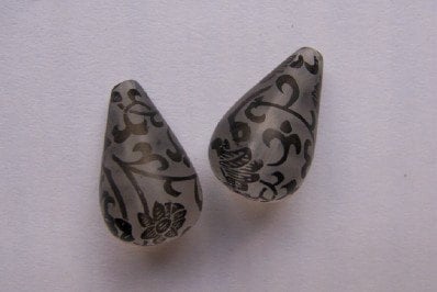 Jet Black Floral on Frosted Tear Drop Beads bds146