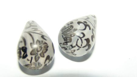Jet Black Floral on Frosted Tear Drop Beads bds146
