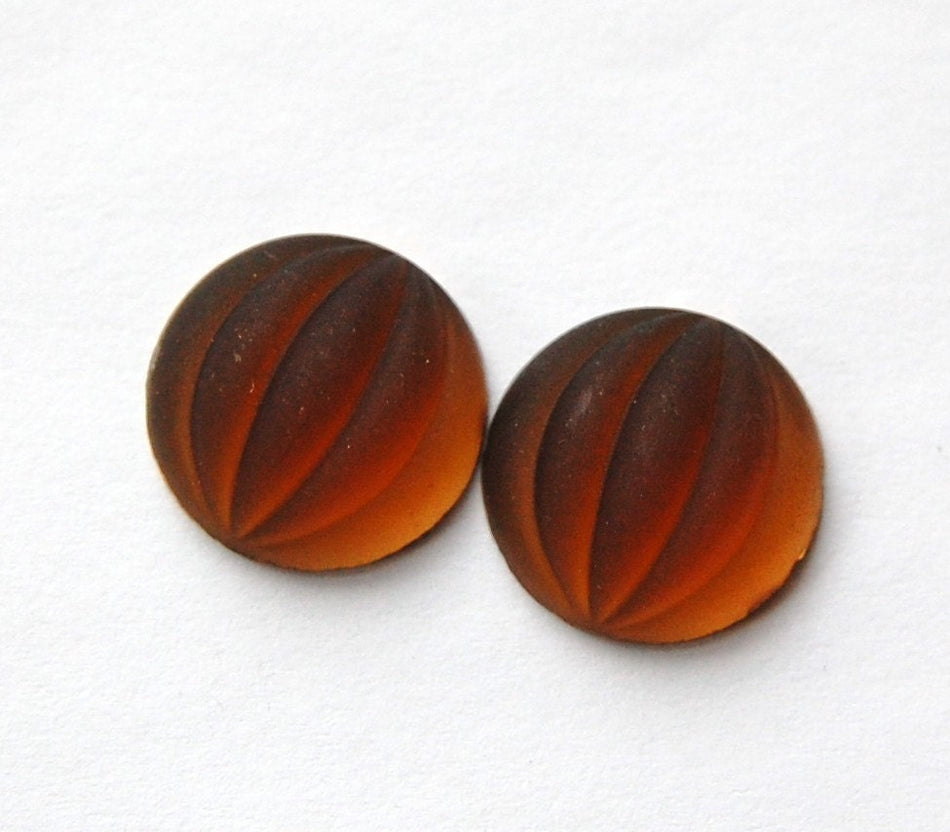 Matte Smoke Topaz Ribbed Melon Glass Cabochons 15mm (2) cab451F