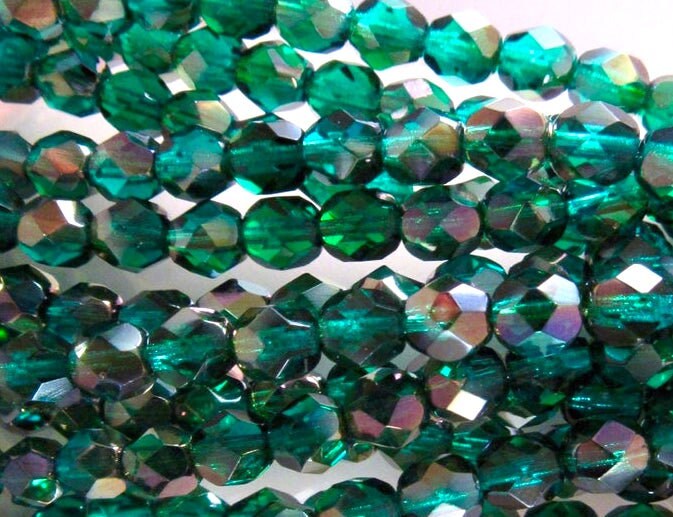 6mm Teal Green Viridian Celsian Czech Firepolish Faceted Glass Beads (25)
