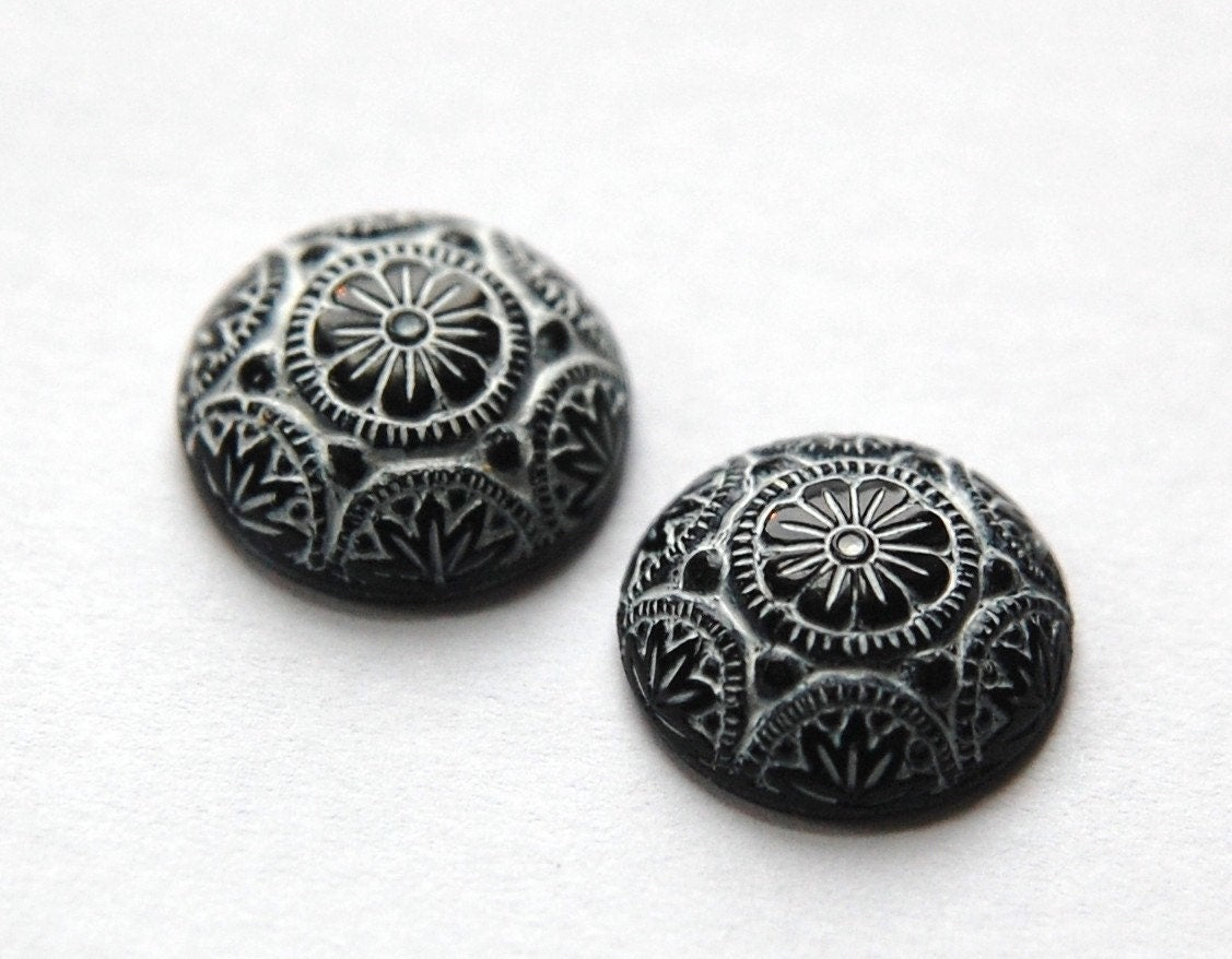 Vintage Black Mosaic Glass Cabochons with White 14mm (1) cab757