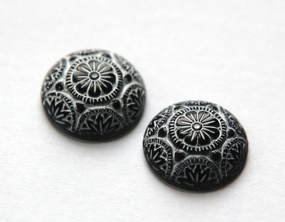 Vintage Black Mosaic Glass Cabochons with White 14mm (1) cab757