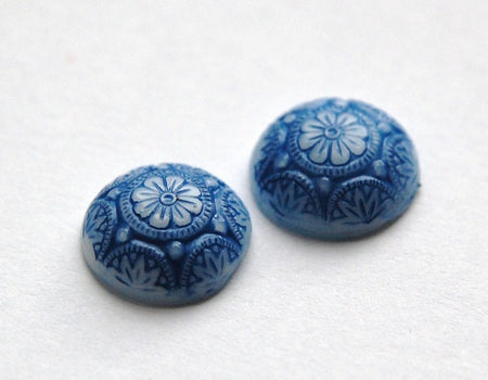 Vintage White Mosaic Glass Cabochons with Blue 14mm (1) cab757A