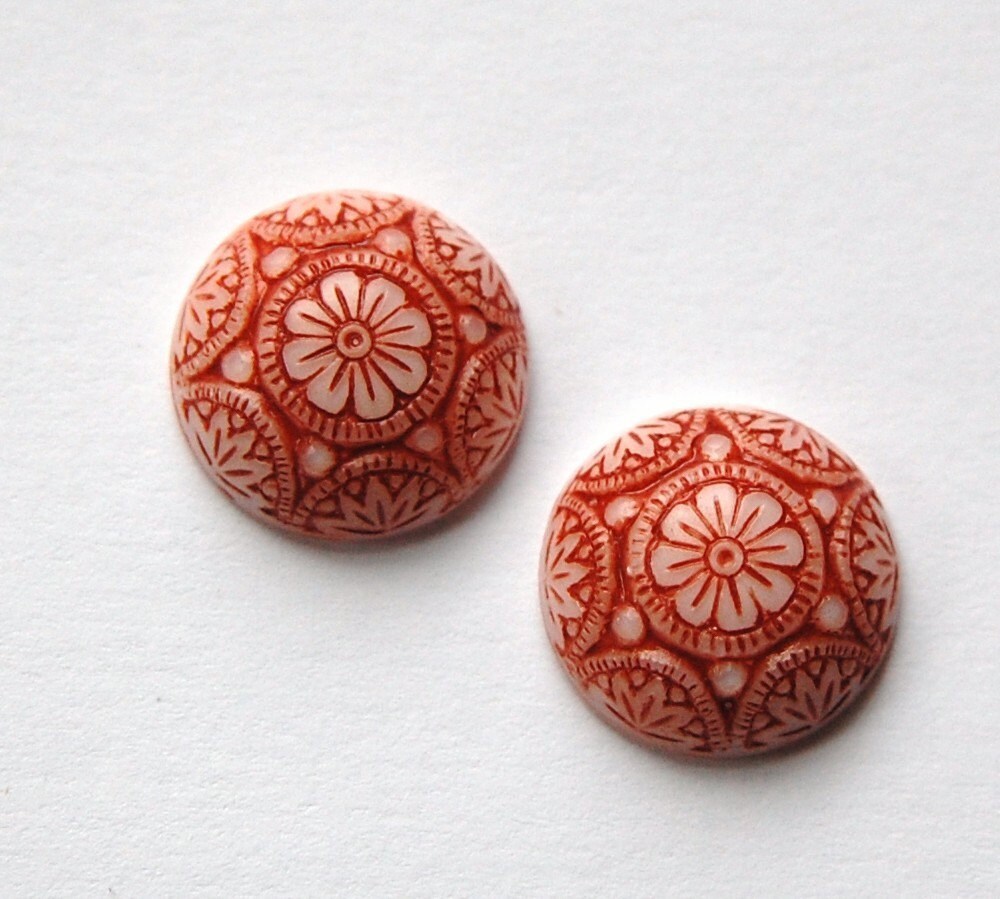 Vintage White Mosaic Glass Cabochons with Brick Red 14mm (1) cab757B
