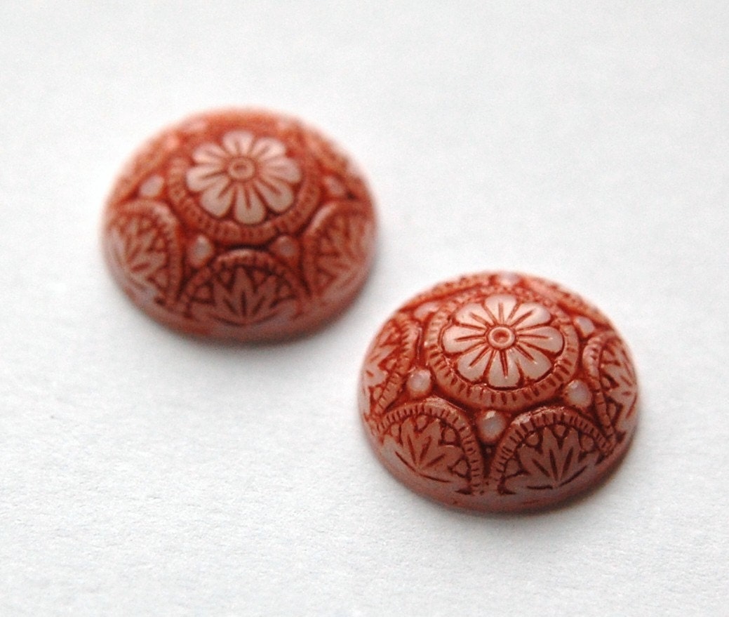 Vintage White Mosaic Glass Cabochons with Brick Red 14mm (1) cab757B