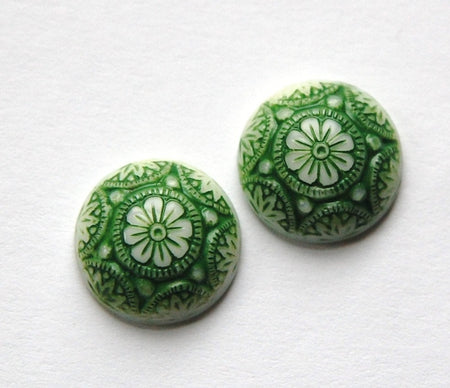 Vintage White Mosaic Glass Cabochons with Green 14mm (1) cab757C