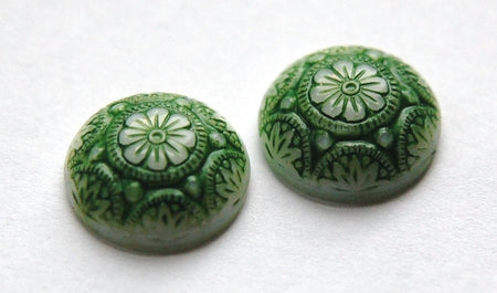 Vintage White Mosaic Glass Cabochons with Green 14mm (1) cab757C