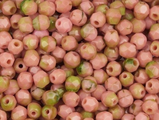 4mm Czech Faceted Pink Coral with Olivine Firepolish Glass Beads  (50)