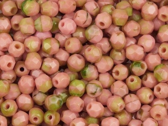 6mm Pink Coral with Olivine Czech Faceted Firepolish Glass Beads  (25)