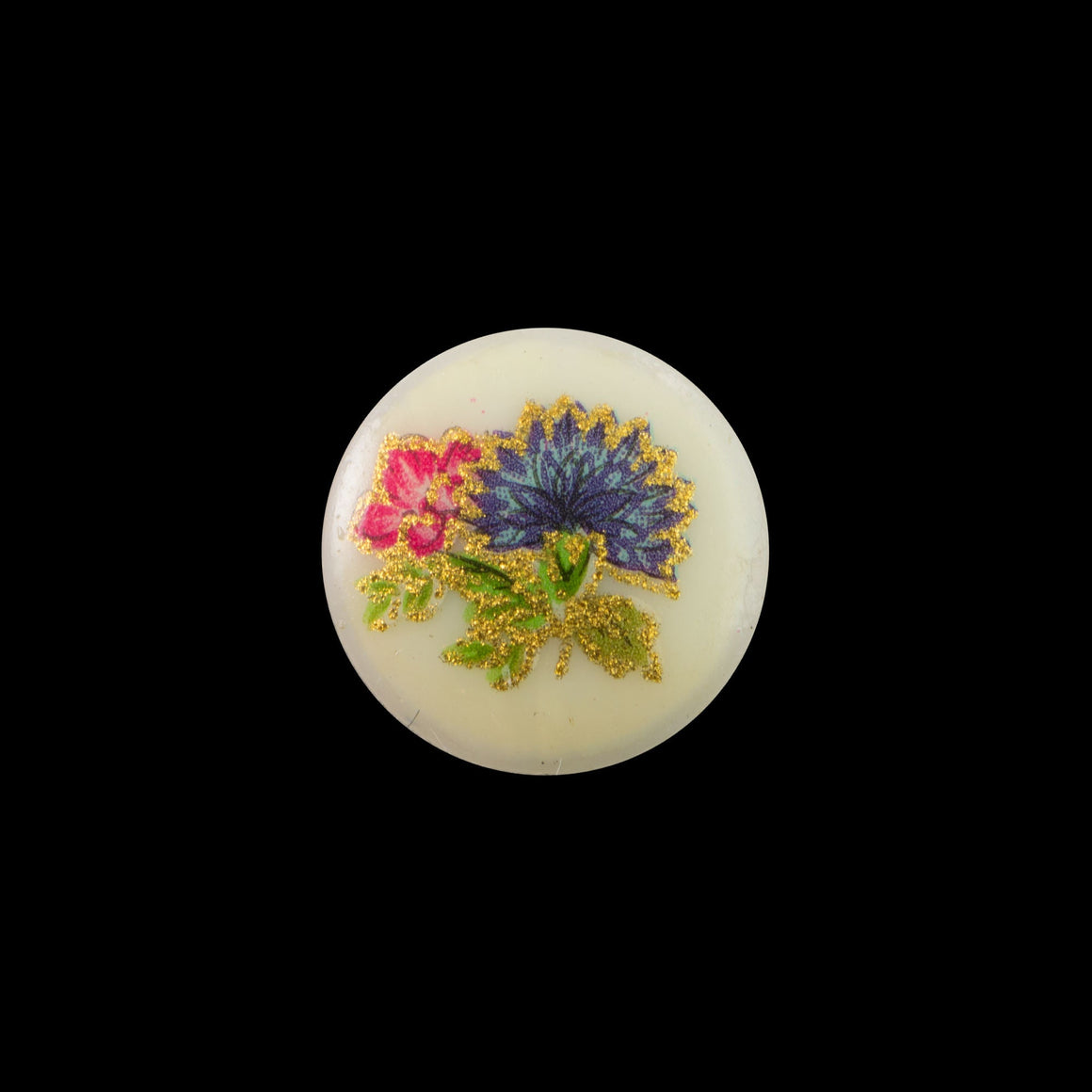 10mm Blue and Pink Flowers on Pale Yellow Glass Round Cabochons (6)