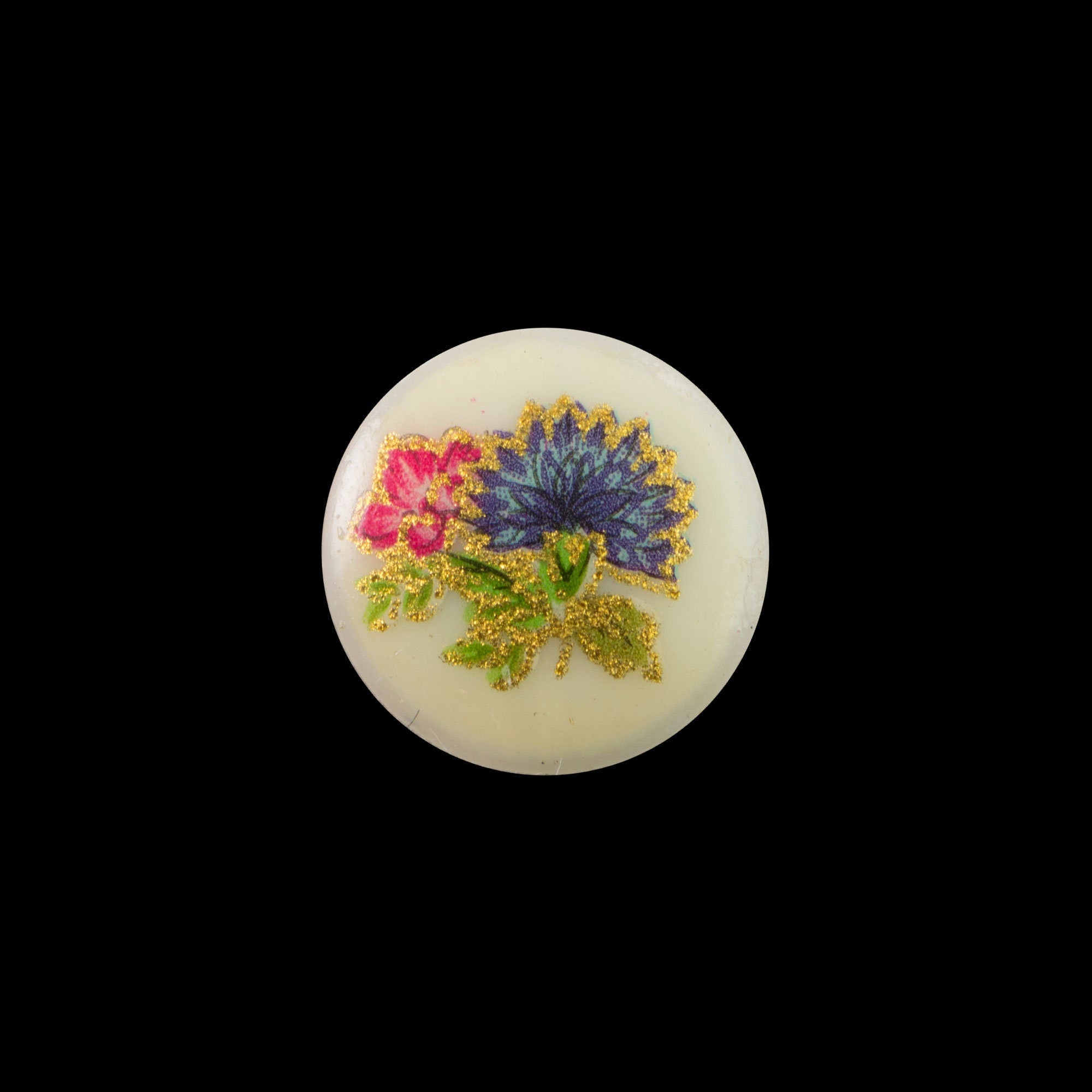 10mm Blue and Pink Flowers on Pale Yellow Glass Round Cabochons (6)