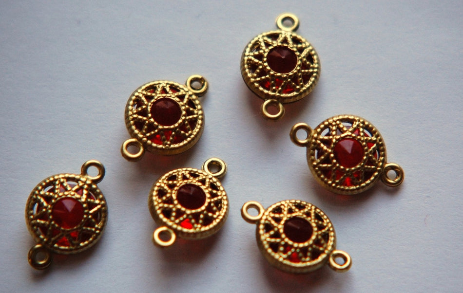 Vintage Ruby Red Connector Beads with Neat Brass Frames 10mm (6) chr137D